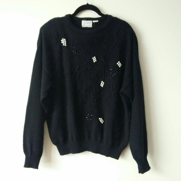 VINTAGE 1980's Jessica Black Textured Knit Faux Pearl Angora Blend Sweater - Picture 11 of 11